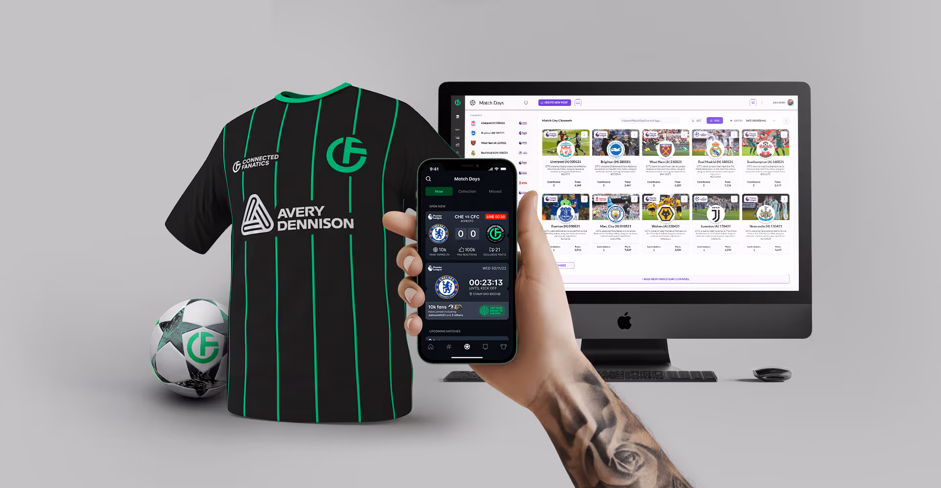 LOCKEROOM fan app screens alongside an NFC-enabled football shirt